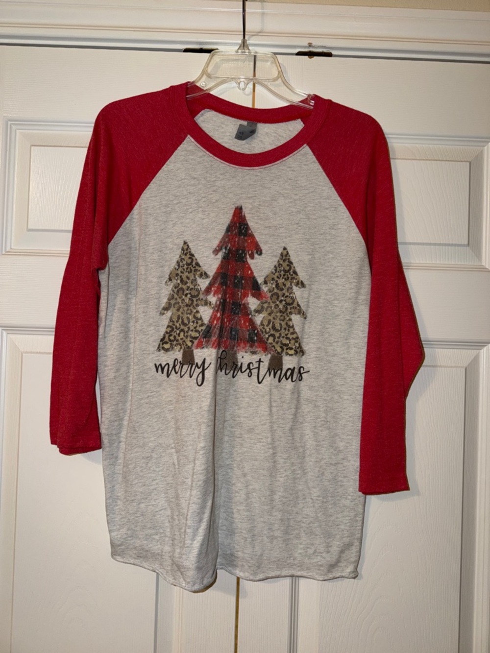 Next Level Apparel Red and Gray Raglan 'Merry Christmas' Graphic Tee